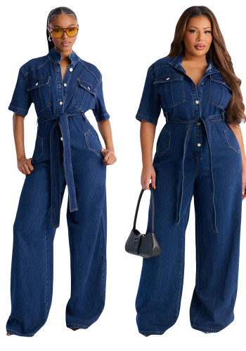 Women Streetchy Short-Sleeve Denim Jumpsuit