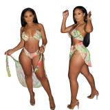 Women Sexy Beach Lace-Up Print Three-Piece Swimsuit