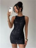 Women Lace Embroidered Sequin Sexy Backless Dress
