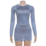 Women Summer Long-Sleeve Striped Round Neck Top and Skirt Two-Piece Set