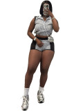 Women's Striped Print Half-Zip Sleeveless Top & Patchwork Shorts Two-Piece Set