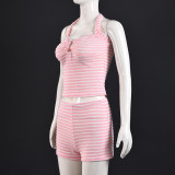 Women Striped Color-Blocked Off-Shoulder Camisole Top and Shorts Two-Piece Set