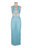 Holidays Women's Hollow Knit Halter Neck Deep V Chain Low Back Beach Cover-Up Maxi Dress