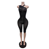 Women Slash Shoulder Glossy Bell Bottom 3/4 Jumpsuit