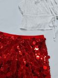 Women's Sexy Sequin Slim Fit Mini Skirt Lace-up White Top Set