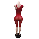 Women Slash Shoulder Glossy Bell Bottom 3/4 Jumpsuit