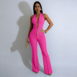 Women Summer Backless Halter Neck Bell Bottom Jumpsuit