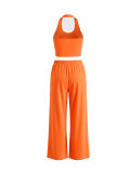 Women's Halter Neck Slim Fit Tank Top & Drawstring Wide Leg Pants Casual Sports Set