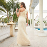 Beige Sequin Elegant Split Formal Party Evening Dress