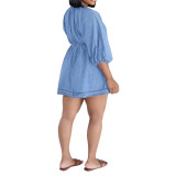 Summer Autumn Women's Deep V-Neck Puff Sleeve Denim Mini Dress