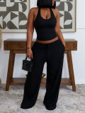 Women's Halter Neck Slim Fit Tank Top & Drawstring Wide Leg Pants Casual Sports Set