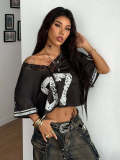American Retro Sporty Digital Print Off-Shoulder Mesh Jersey Top