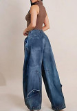 Women Washed Denim Wide Leg Pants With Pockets