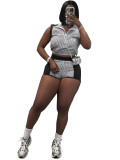Women's Striped Print Half-Zip Sleeveless Top & Patchwork Shorts Two-Piece Set