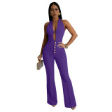 Women Summer Backless Halter Neck Bell Bottom Jumpsuit