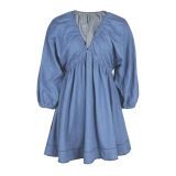Summer Autumn Women's Deep V-Neck Puff Sleeve Denim Mini Dress