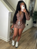 Women's Turndown Collar Zip Top & Drawstring Mini Skirt Two-Piece Set