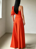Women Spring/Summer One-Shoulder Sleeve Solid Jumpsuit