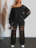 Women's Ripped Off-Shoulder Long Sleeve Top & Ripped Pants Sports Two-Piece Set