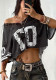 American Retro Sporty Digital Print Off-Shoulder Mesh Jersey Top