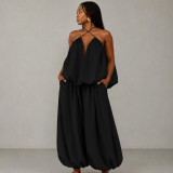 Women's Plus Size Sleeveless Strapless Low Back Asymmetrical Casual Two-Piece Pants Set