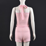 Women Striped Color-Blocked Off-Shoulder Camisole Top and Shorts Two-Piece Set