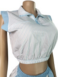 Women's Striped Print Half-Zip Sleeveless Top & Patchwork Shorts Two-Piece Set