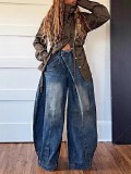Women Washed Denim Wide Leg Pants With Pockets
