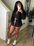 Women's Turndown Collar Zip Top & Drawstring Mini Skirt Two-Piece Set