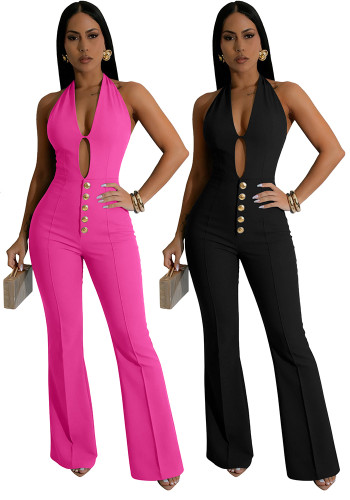Women Summer Backless Halter Neck Bell Bottom Jumpsuit