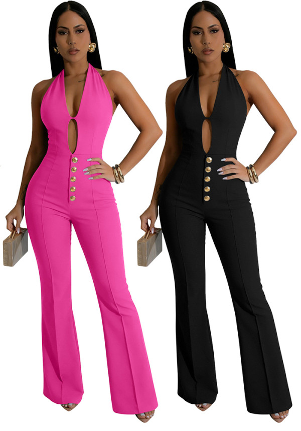 Women Summer Backless Halter Neck Bell Bottom Jumpsuit