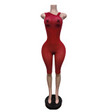Women Slash Shoulder Glossy Bell Bottom 3/4 Jumpsuit