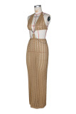 Holidays Women's Hollow Knit Halter Neck Deep V Chain Low Back Beach Cover-Up Maxi Dress
