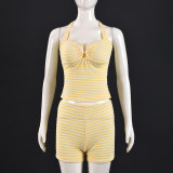 Women Striped Color-Blocked Off-Shoulder Camisole Top and Shorts Two-Piece Set
