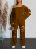 Women's Ripped Off-Shoulder Long Sleeve Top & Ripped Pants Sports Two-Piece Set