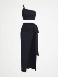 Summer Women's Sexy One-Shoulder Strapless Top High Slit Long Skirt Two-Piece Set