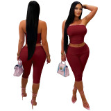 Spring Summer Women's Sexy Slim Fit Strapless Top & Double Waistband Shorts Two-Piece Set