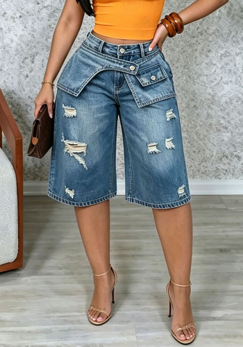 Women Faux Two-Piece Ripped Knee-Length Denim Shorts