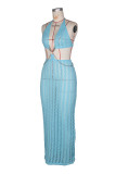 Holidays Women's Hollow Knit Halter Neck Deep V Chain Low Back Beach Cover-Up Maxi Dress