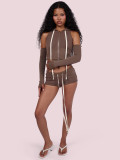 Women's Hooded Zip Pocket Top & Shorts Casual Sports Three-Piece Set