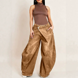 Women Washed Denim Wide Leg Pants With Pockets