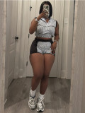 Women's Striped Print Half-Zip Sleeveless Top & Patchwork Shorts Two-Piece Set
