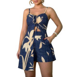 Women Print Strapless Slit Suspender Top and shorts Two-piece set