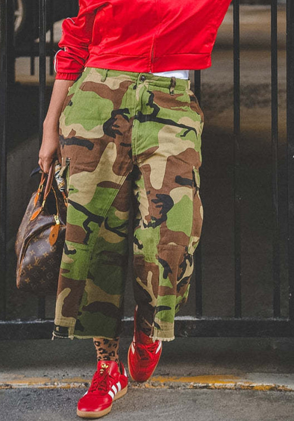 Summer Women's Button Zip Camouflage Patchwork Loose Cargo Pants