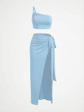 Summer Women's Sexy One-Shoulder Strapless Top High Slit Long Skirt Two-Piece Set