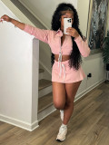 Women's Turndown Collar Zip Top & Drawstring Mini Skirt Two-Piece Set