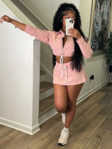 Women's Turndown Collar Zip Top & Drawstring Mini Skirt Two-Piece Set Women's Turndown Collar Zip Top & Drawstring Mini Skirt Two-Piece Set