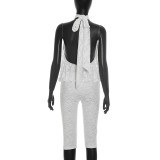 Women Summer Lace-up Backless Top and 3/4 Length Pant Two-piece Set