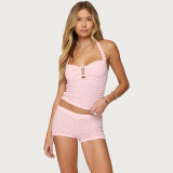 Women Striped Color-Blocked Off-Shoulder Camisole Top and Shorts Two-Piece Set