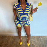 Summer Women's Turndown Collar Striped T-Shirt & Sports Shorts Set